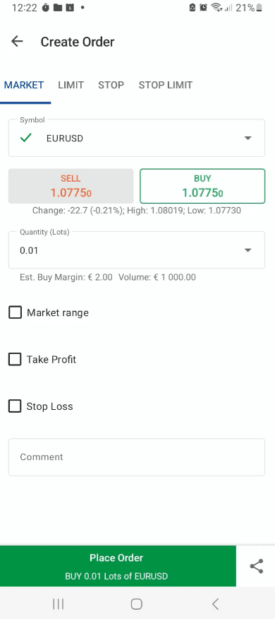 cTrader create order on android