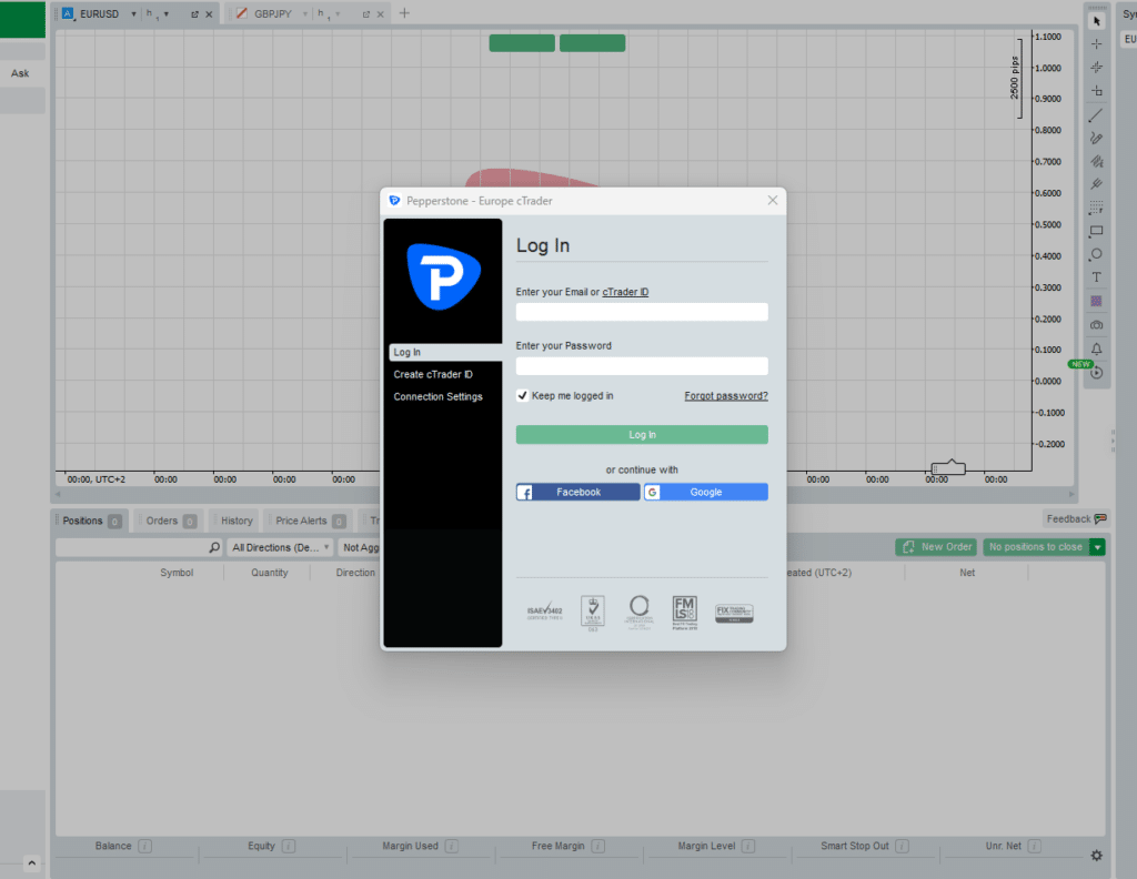 cTrader login page on pepperstone