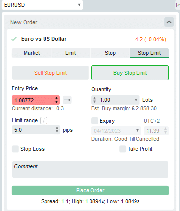 eurusd cTrader new buy order with stop limit