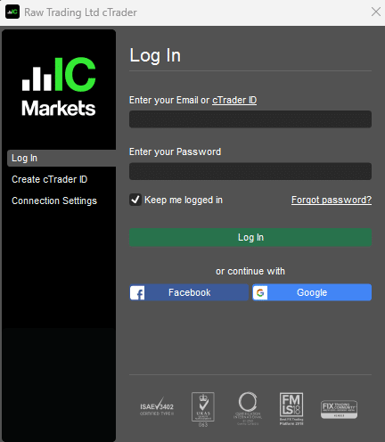 ic markets cTrader login page