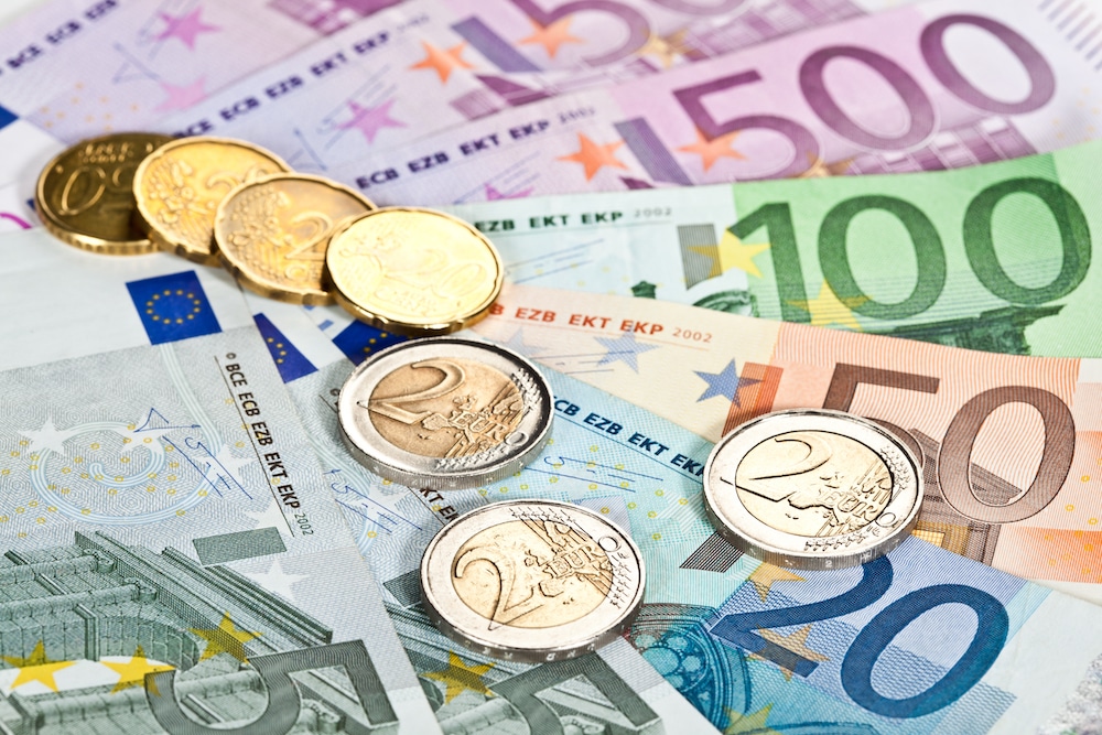 Euro money: closeup of banknotes and coins