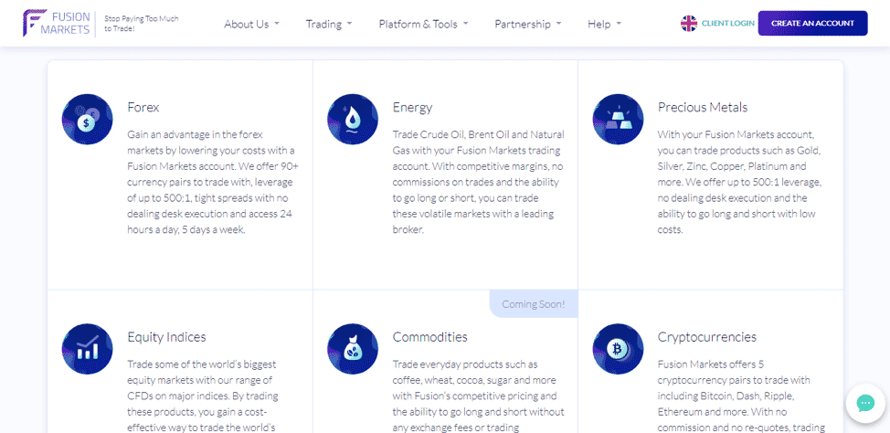 Fusion Markets Crypto Offerings