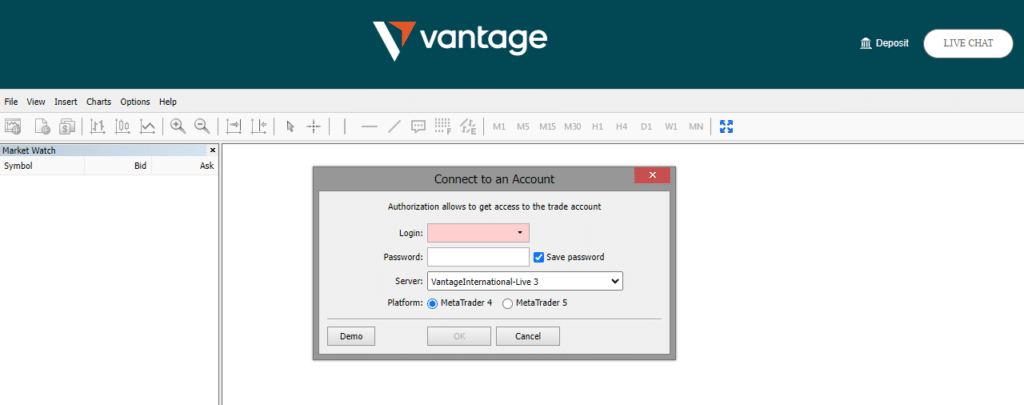 vantage connect to an account