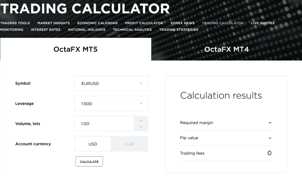octafx trading calculator